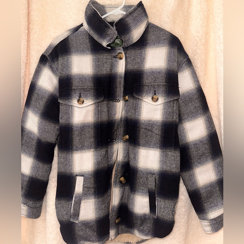 American Eagle Plaid Sherpa winter jacket Size Small navy blue